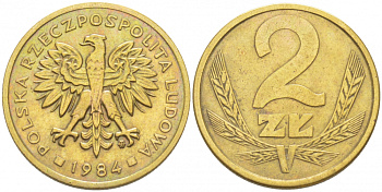 ПОЛЬША 2 ЗЛОТЫХ 1984 MW KM 80.1 латунь 4519-942