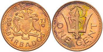 Барбадос 1 цент 1973 сломанный трезубец Британии KM 10 бронза 99-1033