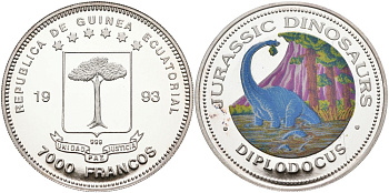 Экваториальная Гвинея 7000 франков 1993 серия ДИНОЗАВРЫ, ДИПЛОДОК, цветная эмаль KM 146 серебро PROOF 00-000-00