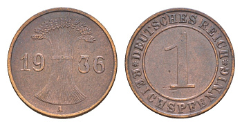 Германия 1 рейхспфенниг 1936 A KM 37, J. 313 бронза 4636-417