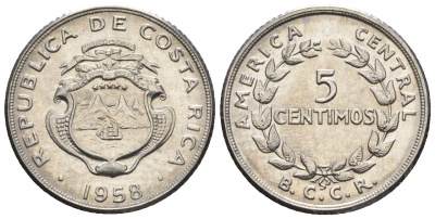 Коста-Рика 5 сентимо 1958  KM 184.1a сталь  UNC  4609-515