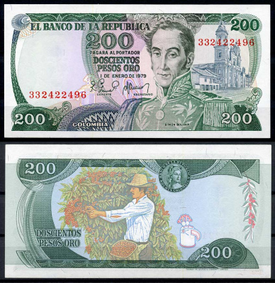 Колумбия 200 песо 1979 Симон Боливар, сбор урожая кофе Pick 419 a  бумага  UNC (пресс) 447-118-1