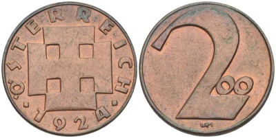 Австрия 200 крон 1924 Республика, денежная реформа KM 2833 бронза  201-166