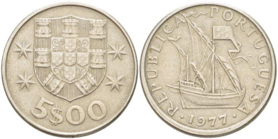ПОРТУГАЛИЯ 5 ЭСКУДО 1977 ПАРУСНИК KM 591 медно-никель 4523-547