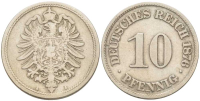 Германия 10 пфеннигов 1876 A, старогербовка KM 4, Jager 4, Weege 7 медно-никель 202-132