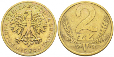 ПОЛЬША 2 ЗЛОТЫХ 1984 MW KM 80.1 латунь 4519-942