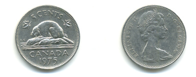 Канада 5 центов 1975 Елизавета II (1952-2022), бобр KM 60.1 никель 86-1121