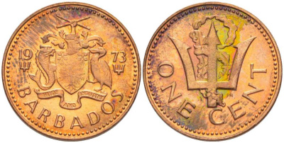 Барбадос 1 цент 1973 сломанный трезубец Британии KM 10 бронза 99-1033