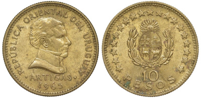 Уругвай 10 песо 1965 KM 48 алюминиевая бронза 4574-634