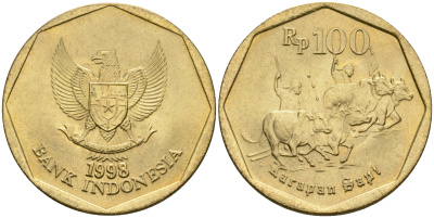Индонезия 100 рупий 1998 гонки на быках KM 53 алюминиевая бронза UNC 4364-3013