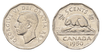 Канада 5 центов 1950 бобр, Георг VI (1936-1952) KM 42 никель 4679-663