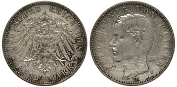 Бавария 5 марок 1908 Отто (1886-1913) Weege 47, J. 46, KM 512 серебро 3711-1541