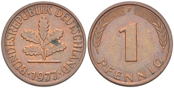 ФРГ 1 ПФЕННИГ 1977 F KM 105, J. 380 сталь плакированная медью 4181-624