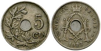 Бельгия 5 сантимов 1922 Belgie KM 67 медно-никель 4173-516