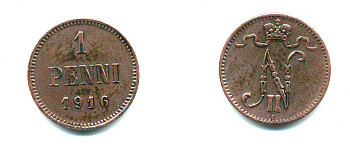 РОССИЯ ДЛЯ ФИНЛЯНДИИ 1 ПЕННИ 1916 НИКОЛАЙ II KM 13, Биткин 476 медь 4383-129