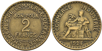 Франция 2 франка 1924 Третья республика (1871-1940) KM 877, Le Franc 267.7 алюминиевая бронза 4144-322