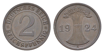 Германия 2 рейхспфеннига 1924 A KM 38, J. 314 бронза 4644-1058