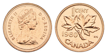 Канада 1 цент 1980 Елизавета II (1952-2022), кленовый лист KM 127 бронза PROOF-LIKE (BU) 4630-935