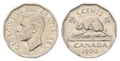 Канада 5 центов 1950 бобр, Георг VI (1936-1952) KM 42 никель 4679-663