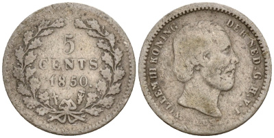 Нидерланды 5 центов 1850 Виллем III (1849-1890), точка после даты KM 91 серебро 4169-641