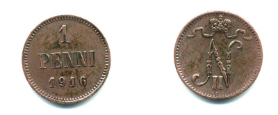 РОССИЯ ДЛЯ ФИНЛЯНДИИ 1 ПЕННИ 1916 НИКОЛАЙ II KM 13, Биткин 476 медь 4383-129