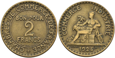 Франция 2 франка 1924 Третья республика (1871-1940) KM 877, Le Franc 267.7 алюминиевая бронза 4144-322