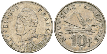 Французская Новая Каледония 10 франков 2008 рыбачья парусная лодка, (IEOM) KM 11a, Schoen 13a, Lec 99k медно-никель 60-217