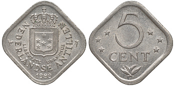 Нидерландские Антилы 5 центов 1980 Юлиана (1948-1980) KM 13 медно-никель 4610-952