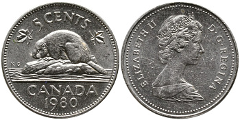 КАНАДА 5 ЦЕНТОВ 1980 ЕЛИЗАВЕТА II (1952-), БОБР, ВТОРОЙ ПОРТРЕТ В КОРОНЕ KM 60.2 никель 4543-653