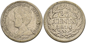 Нидерланды 25 центов 1914 Вильгельмина (1890-1948) KM 146 серебро 4576-131