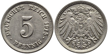 ГЕРМАНИЯ 5 ПФЕННИГОВ 1915 D KM 11, Jager 12, Weege 6 медно-никель 4547-546