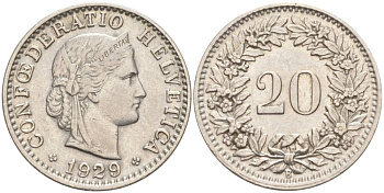 Швейцария 20 раппенов 1929 B KM 29 никель     55-636
