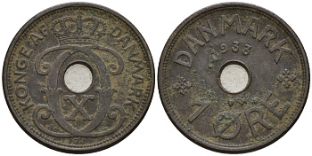 Дания 1 эре 1933 Кристиан X (1912-1947) KM 826 бронза 4147-425