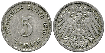 ГЕРМАНИЯ 5 ПФЕННИГОВ 1890 E KM 11, J. 12 медно-никель 39-627