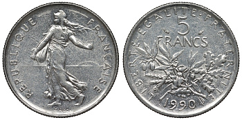 Франция 5 франков 1990 сеятель KM 926а.1, Le Franc 341.22 никель плакированный медно-никелем 4123-516