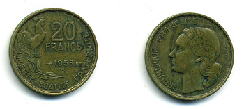 ФРАНЦИЯ 20 ФРАНКОВ 1953 В 4 ПЕРА KM 917.2 алюминиевая бронза 84-833