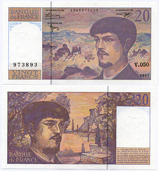 ФРАНЦИЯ 20 ФРАНКОВ 1997 КЛОД ДЕБУССИ Pick 151i бумага UNC (ПРЕСС) 00-00