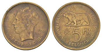 Бельгийское Конго 5 франков 1936 Леопольд III (1934-1951) KM 24 никель латунь 1519-535