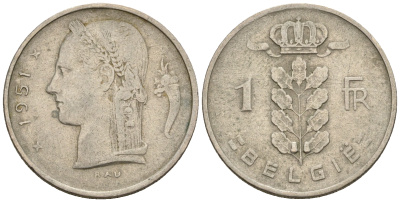 Бельгия 1 франк 1958 Belgique, Бодуэн I (1951-1993) KM 142.1 медно-никель 259-1037