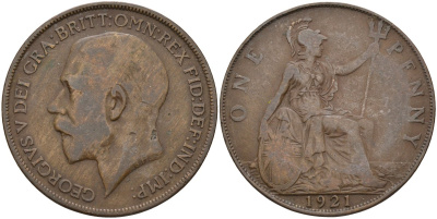 Великобритания 1 пенни 1921 Георг V (1910-1936) KM 810, Spink 4051 бронза 4144-512