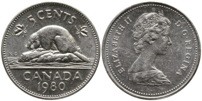 КАНАДА 5 ЦЕНТОВ 1980 ЕЛИЗАВЕТА II (1952-), БОБР, ВТОРОЙ ПОРТРЕТ В КОРОНЕ KM 60.2 никель 4543-653
