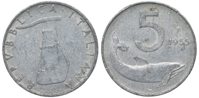 Италия 5 лир 1955 R, плуг, дельфин KM 92 алюминий 4122-113