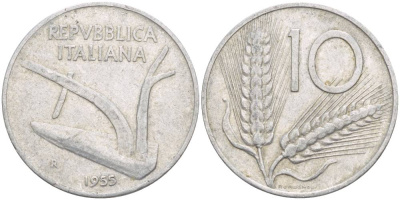 ИТАЛИЯ 10 ЛИР 1955 R, КОЛОСЬЯ, ПЛУГ KM 93 алюминий 4551-155
