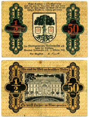 Бад-Фрайенвальде 50 пфеннигов = 1/2 марки 1918-1920 1 октября 1918 - 31 декабря 1920, нотгельд, земля Бранденбург Grabowski F23.3b бумага 2193-21-3-1