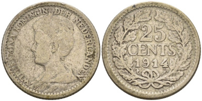 Нидерланды 25 центов 1914 Вильгельмина (1890-1948) KM 146 серебро 4576-131