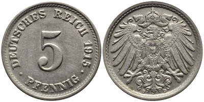 ГЕРМАНИЯ 5 ПФЕННИГОВ 1915 D KM 11, Jager 12, Weege 6 медно-никель 4547-546