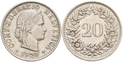 Швейцария 20 раппенов 1929 B KM 29 никель     55-636