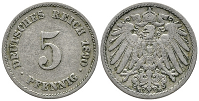 ГЕРМАНИЯ 5 ПФЕННИГОВ 1890 E KM 11, J. 12 медно-никель 39-627