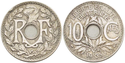 ФРАНЦИЯ 10 САНТИМОВ 1935 ТИП ЛИНДАЙЁ KM 866а, LE FRANC 138.22 медно-никель 210-1134