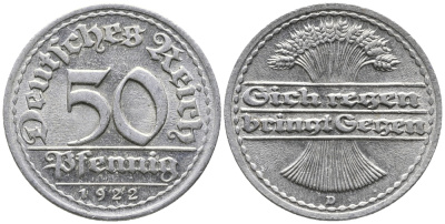 ГЕРМАНИЯ 50 ПФЕННИГОВ 1922 D KM 27, J. 301 алюминий 24-1114